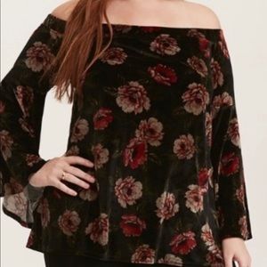 TORRID Floral Off the Shoulder Velvet Bell Sleeve Top
